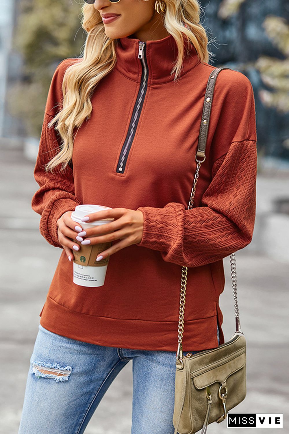 Zipper Down Stand Neck Texture Sleeves Pullover Sweatshirts