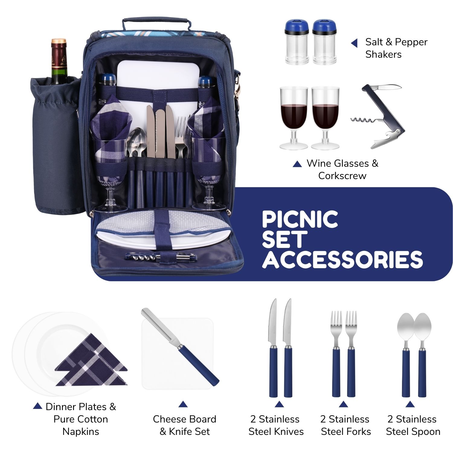 Travel Picnic Backpack For 2 Person (Blue) Wine Picnic Basket Bag With Plates， Flatware Cutlery， Glass Set， Insulated Compartment， Detachable Bottle Wine Holder