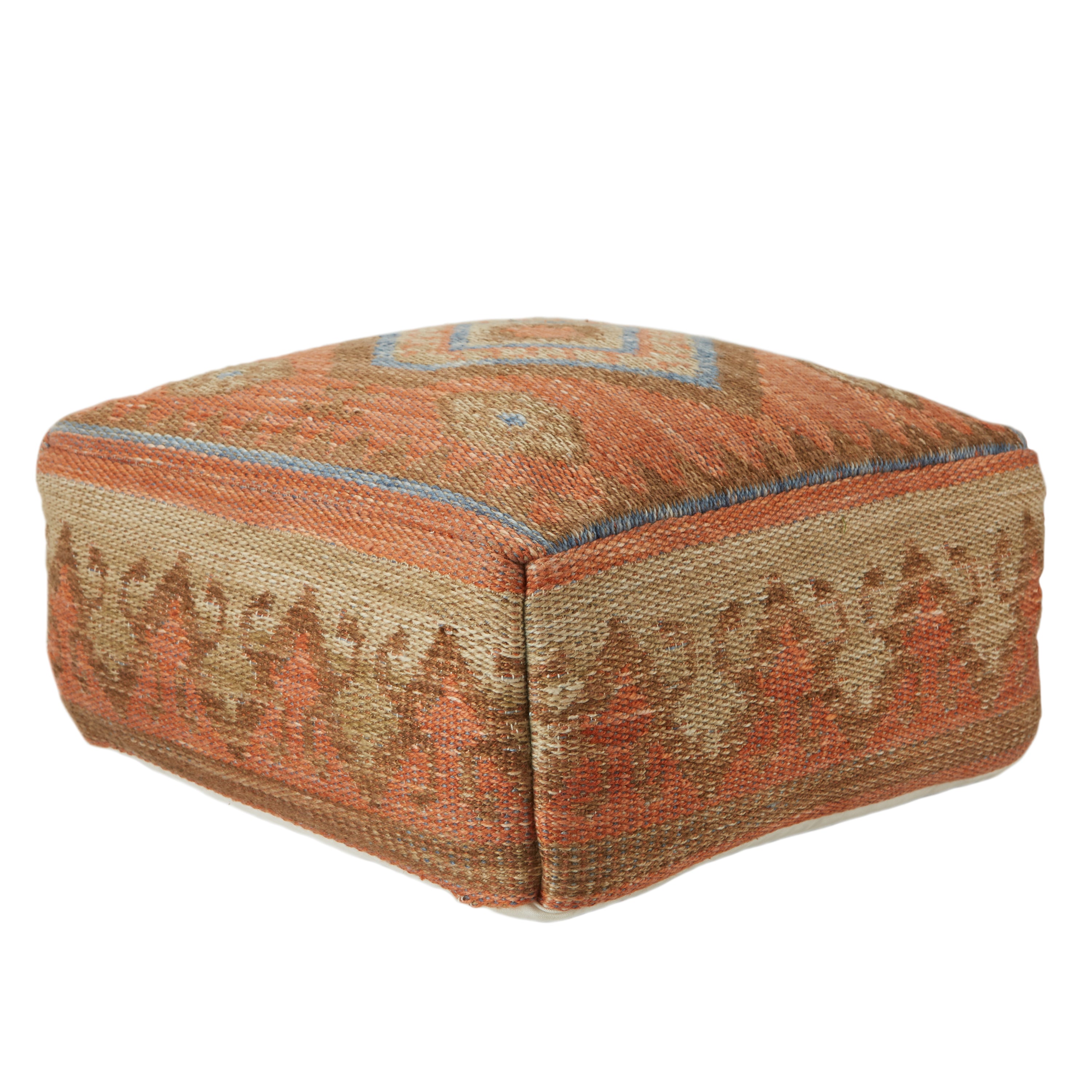 Ember Indoor/Outdoor Tribal Pouf in Orange & Blue