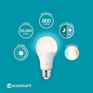 EcoSmart 60-Watt Equivalent A19 Dimmable CEC Dusk to Dawn LED Light Bulb with Selectable Color Temperature (1-Pack) 11A19060WDTD001