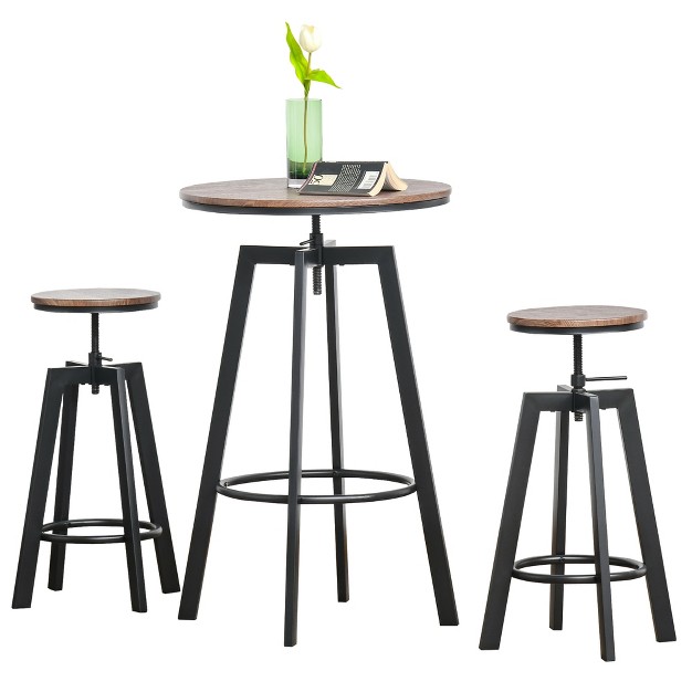 Homcom 3 Piece Industrial Adjustable Dining Table Set Bar Height Bistro Table And Swivel Pub Stools For Small Space