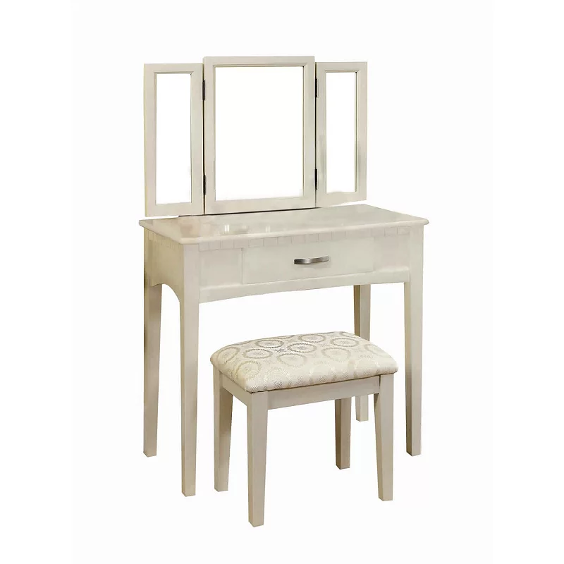 Pearl White Transitional Vanity Table With A Stool， White Finish