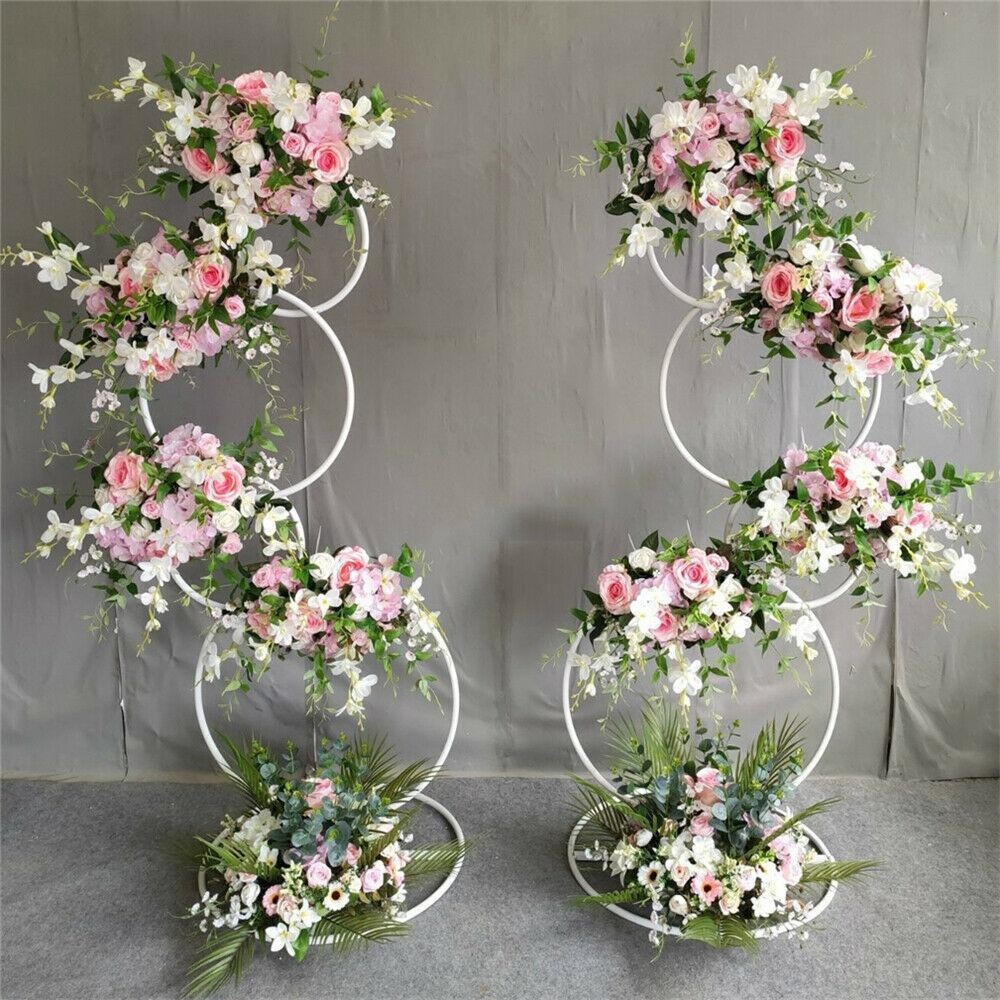 Set of 2 Round Backdrop Stand Wedding Party White Hoop Pillar Flower Stands