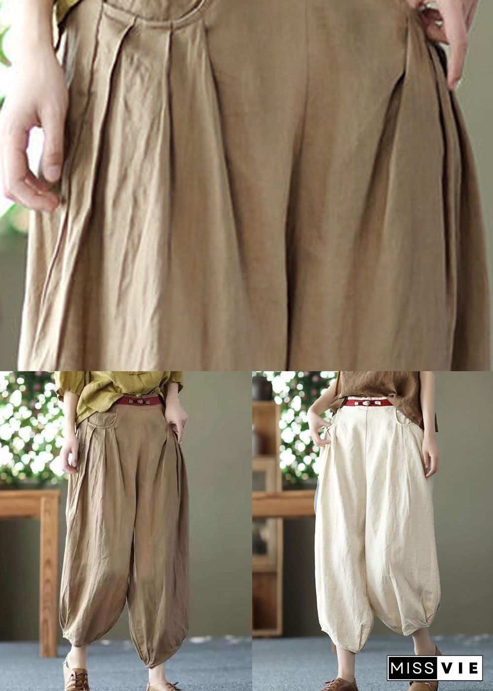 Khaki Pockets Patchwork Linen Crop Pants Elastic Waist Summer