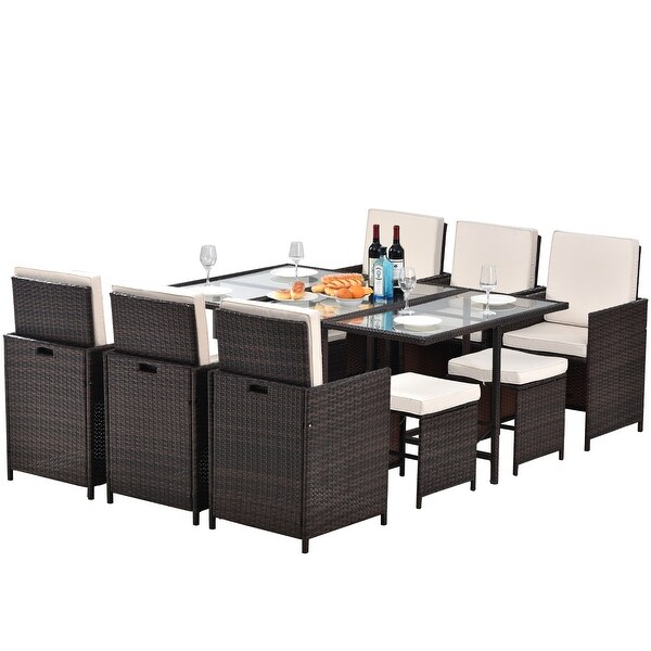 11 Piece Cushioned PE Rattan Wicker Dining Set -  - 37171041