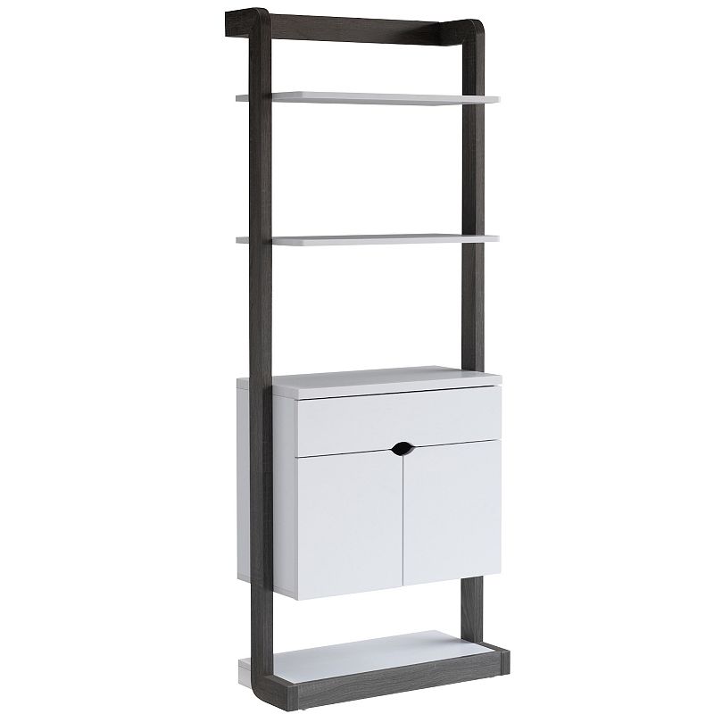 FC Design Distressed Grey and White Bookcase with 2 Door Cabinet， 4 open Shelves and Drawer