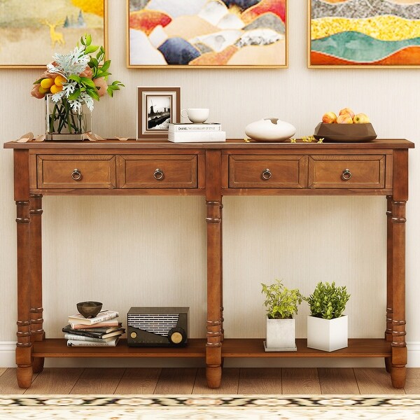 Rectangular Console Table Sofa Table with Drawers and Long Shelf， Walnut