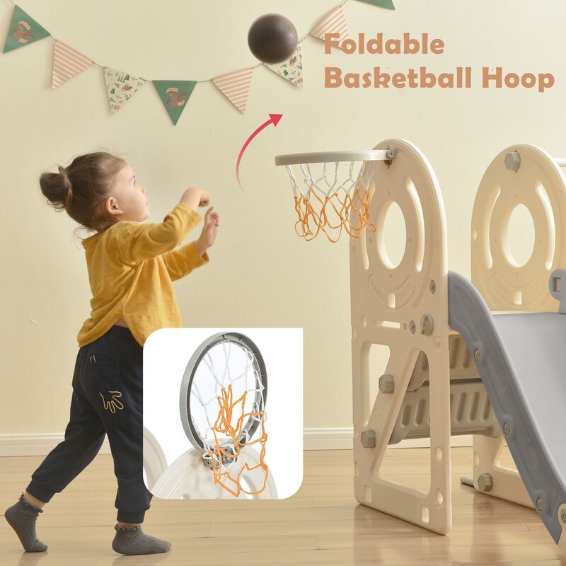 5 in 1 Freestanding Swing Slide Bus Structure Toy for Toddlers  with Basketball Hoop and Toy Storage Space for Outdoor