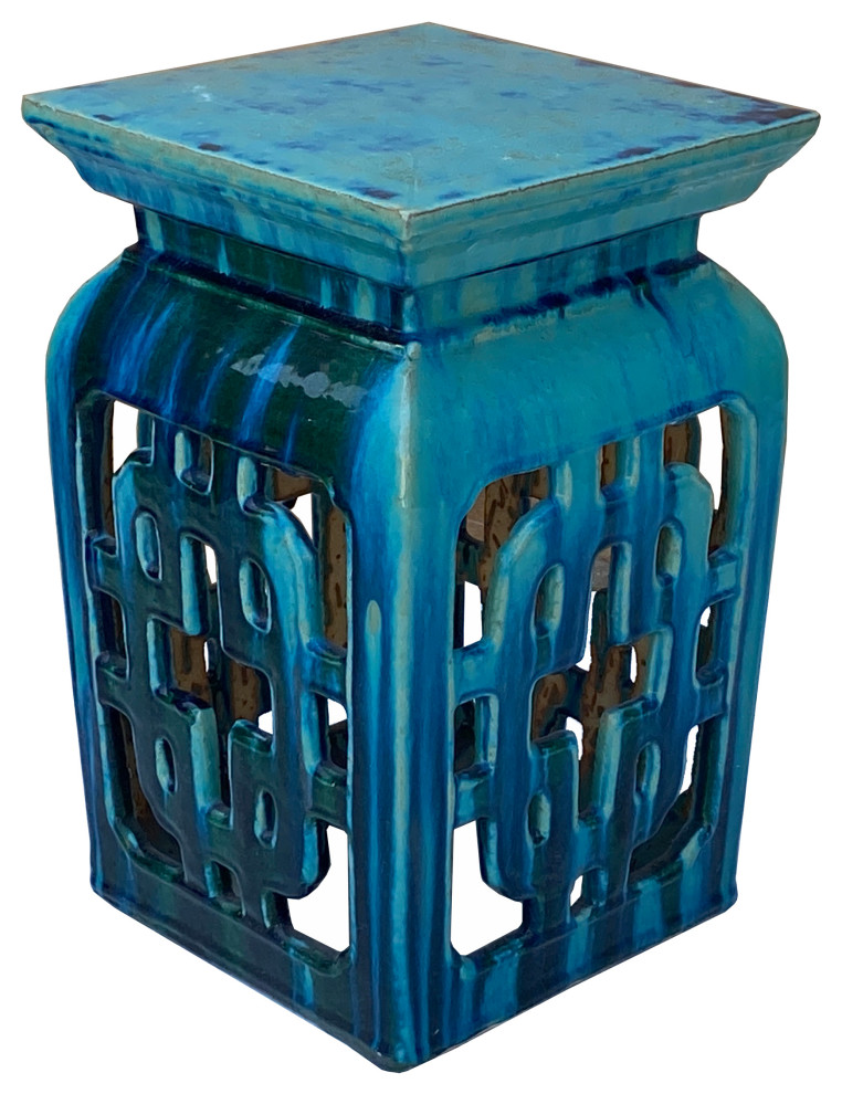 Chinese Ceramic Square Turquoise Green Knot Garden Stand Table Hcs7286   Asian   Accent And Garden Stools   by Golden Lotus Antiques  Houzz