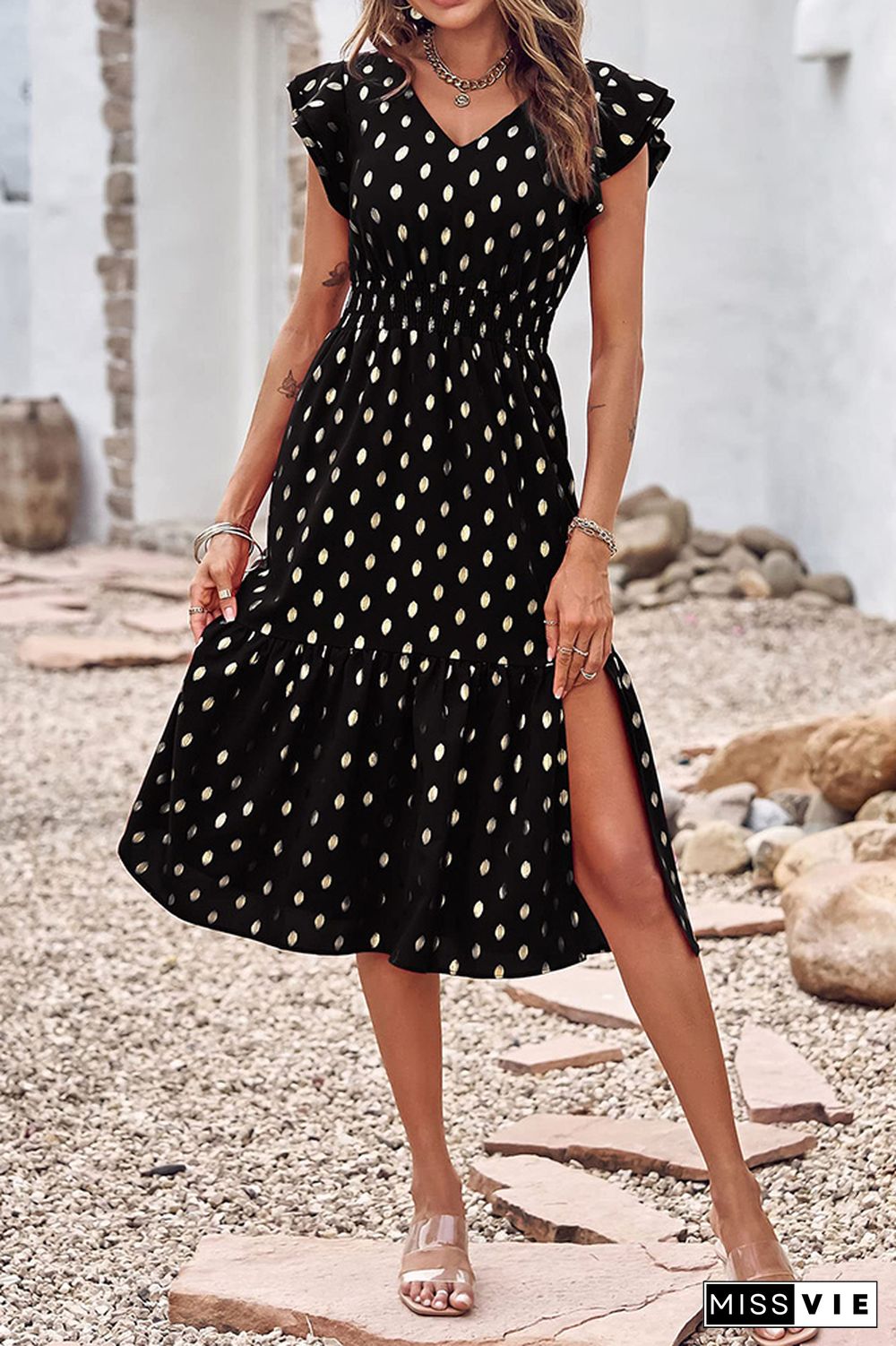 V Neck Foil Spot Print High Waist Midi Dress