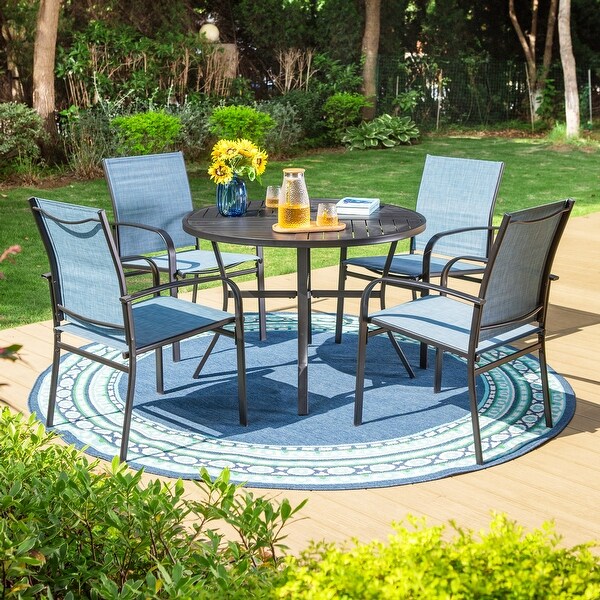 MAISON ARTS 5Piece Patio Dining Set，Geometrically Stamped Round Table and 4 Textilene Dining Chairs