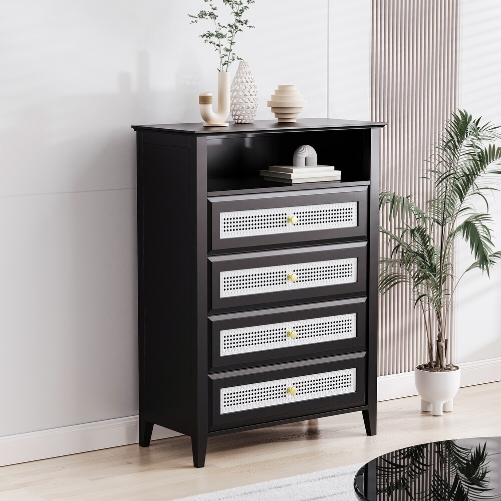 Chest of Drawers with Rattan Panels  4 Drawer Dresser with Gold Metal Handles  Great Storage Space for Living Rooms