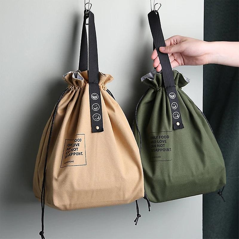 Insulated Bento Bag Wide Opening Canvas Drawstring Lunch Box Storage Bag School Handbag For Picnic Camping