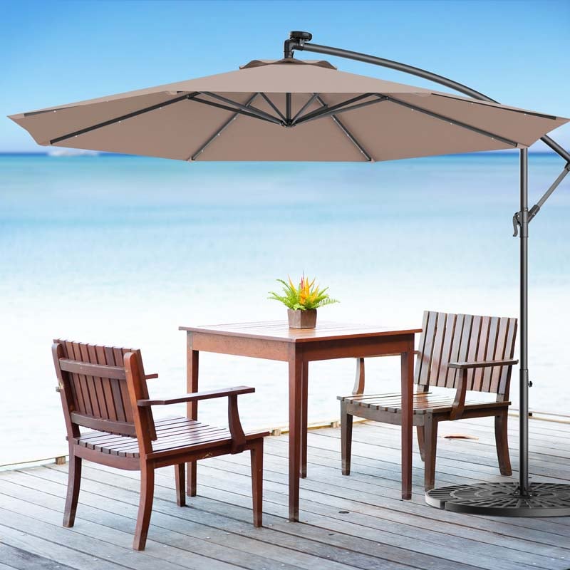 10 FT Offset Patio Umbrella with Solar LED Lights & Cross Base, Large Outdoor Cantilever Umbrella for Sun Rain