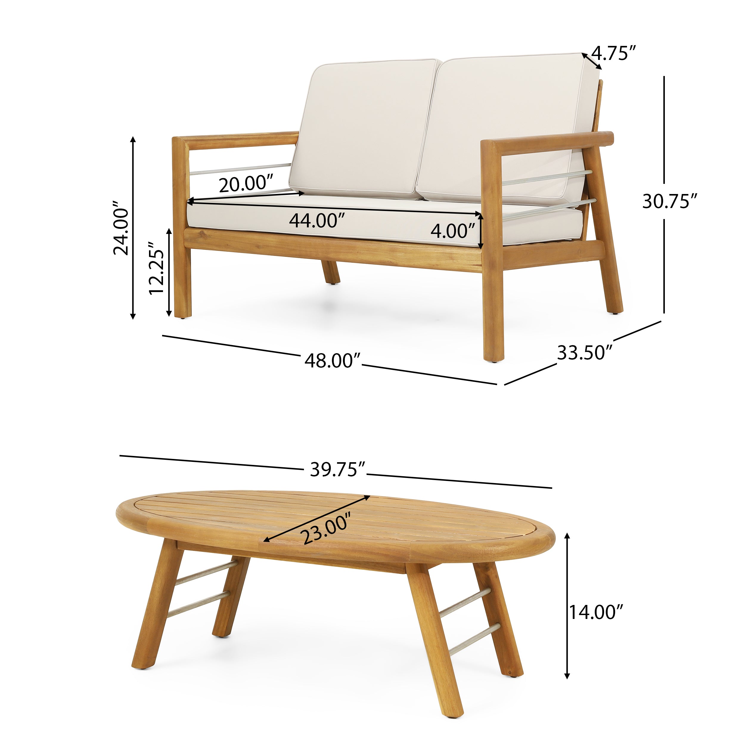 Lindsey Outdoor Acacia Wood 4 Seater Chat Set with Cushions, Beige and Teak