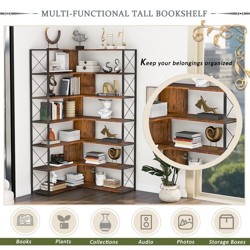 L Shaped 7 Tier Corner Bookshelf and Bookcase