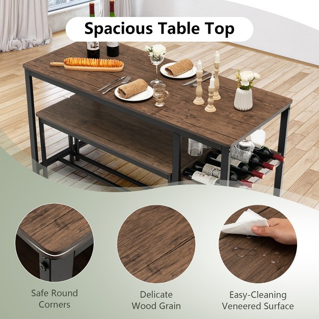 Tangkula 3pcs Rustic Kitchen Dining Set Includes Storage Rack W Rectangular Table amp 2 Benches