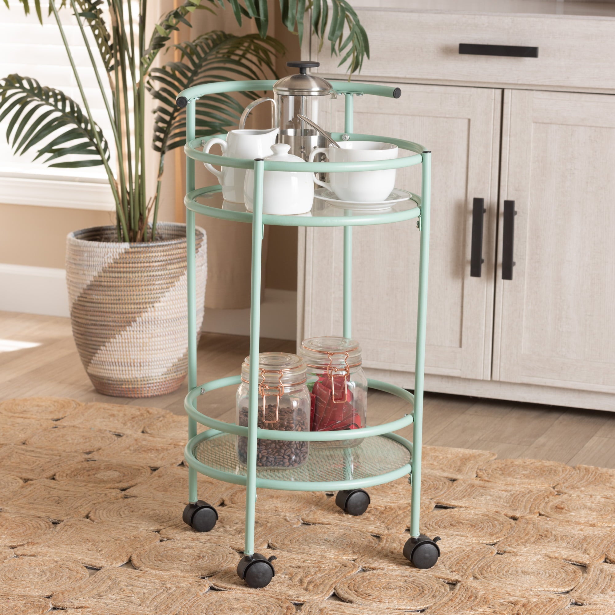 Baxton Studio Newell Mid-Century Modern Mint Green Finished Metal 2-Tier Kitchen Cart