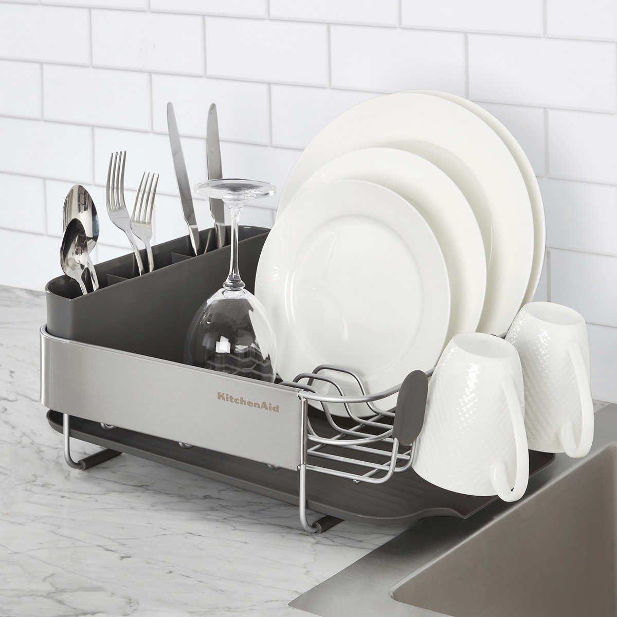 KitchenAid Stainless Steel Compact Dish-Drying Rack， With Removable Flatware Caddy