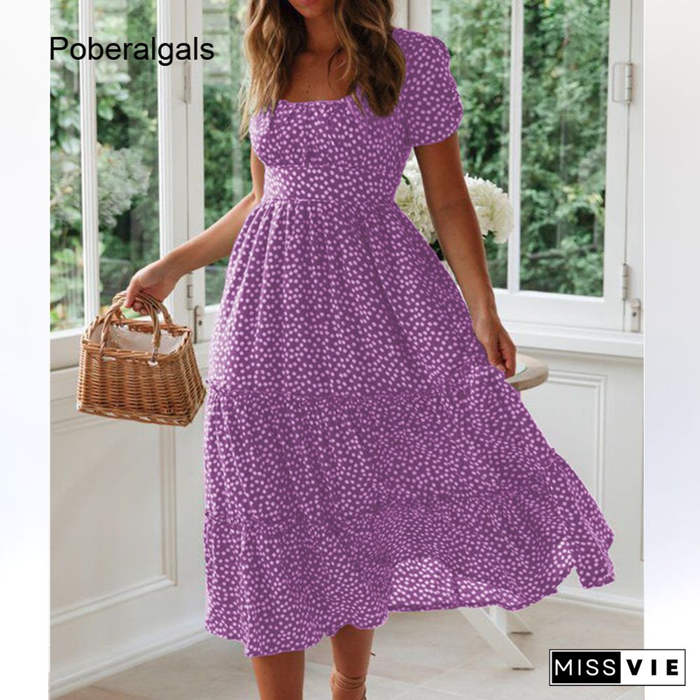 Vintage Elegant Dress For Women Summer Dresses New Square Neck High Waist Short Puff Sleeve Floral Print Maxi Long Dress