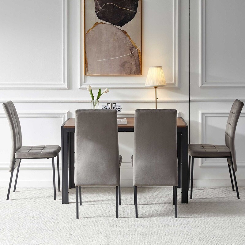 Modern 5 Piece Dining Table Set for 4 Solid Wood Table with Velvet High Back Dining Chair