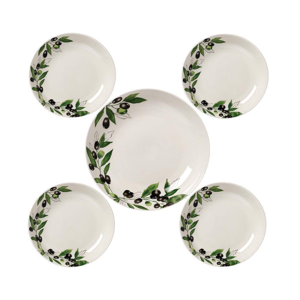 Lorren Home Trends 11 in. 52 fl. oz. Olive 5-Piece White Porcelain Pasta Serving Bowl Set (Set of 5) PS12