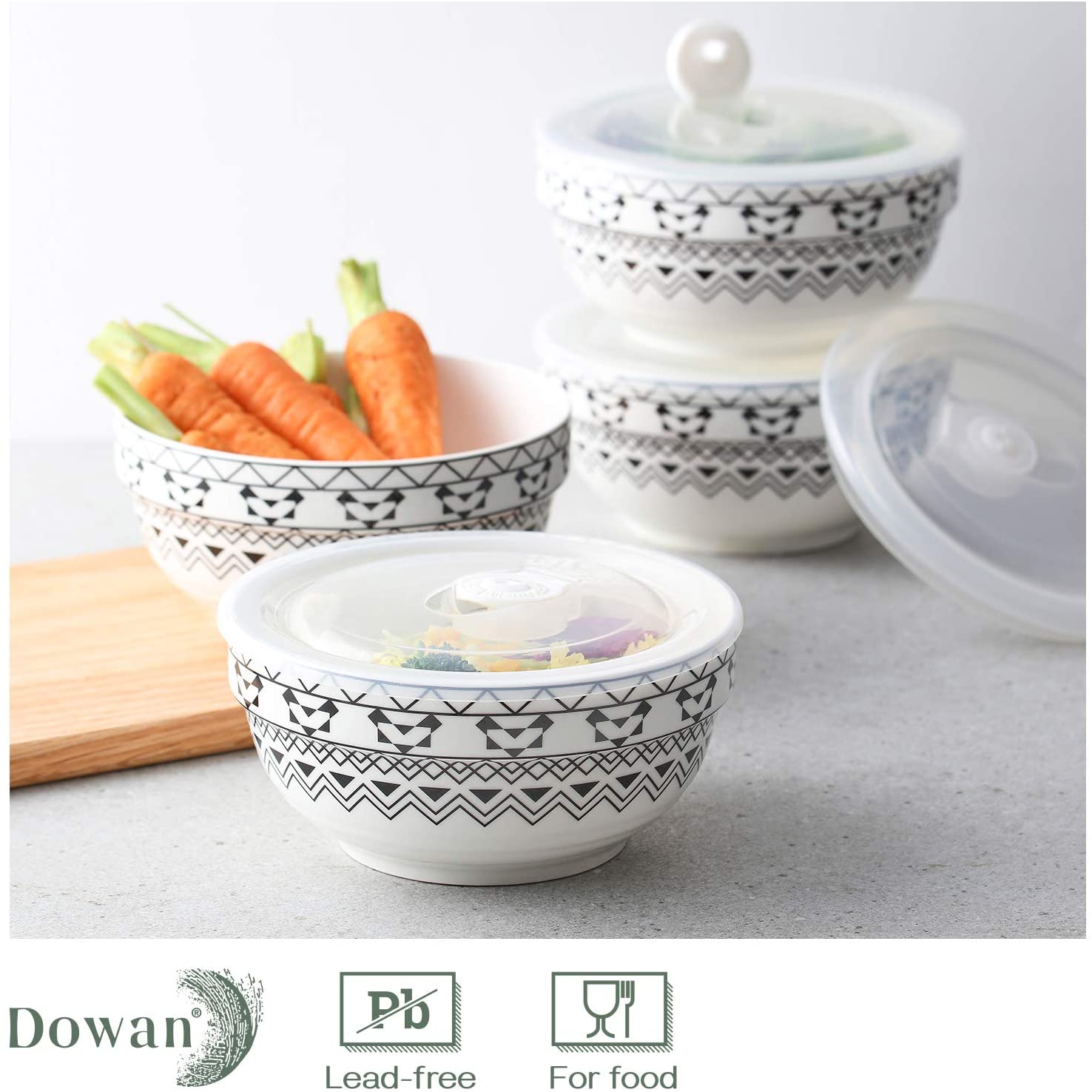 Dowan Porcelain Bowls Set with Lid， 22 oz Cereal Soup Bowls， Ceramic Food Storage Bowls， Dishwasher and Microwave Safe， Prep Bowls for Kitchen， Modern Bohemian Bowl for Oatmeal Rice Pasta Salad， 4 Pack