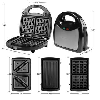 OVENTE 3-in-1 Electric Sandwich Maker Detachable Non-Stick Waffle and Plates 750-Watts LED Indicator Lights GPI302 Black GPI302B