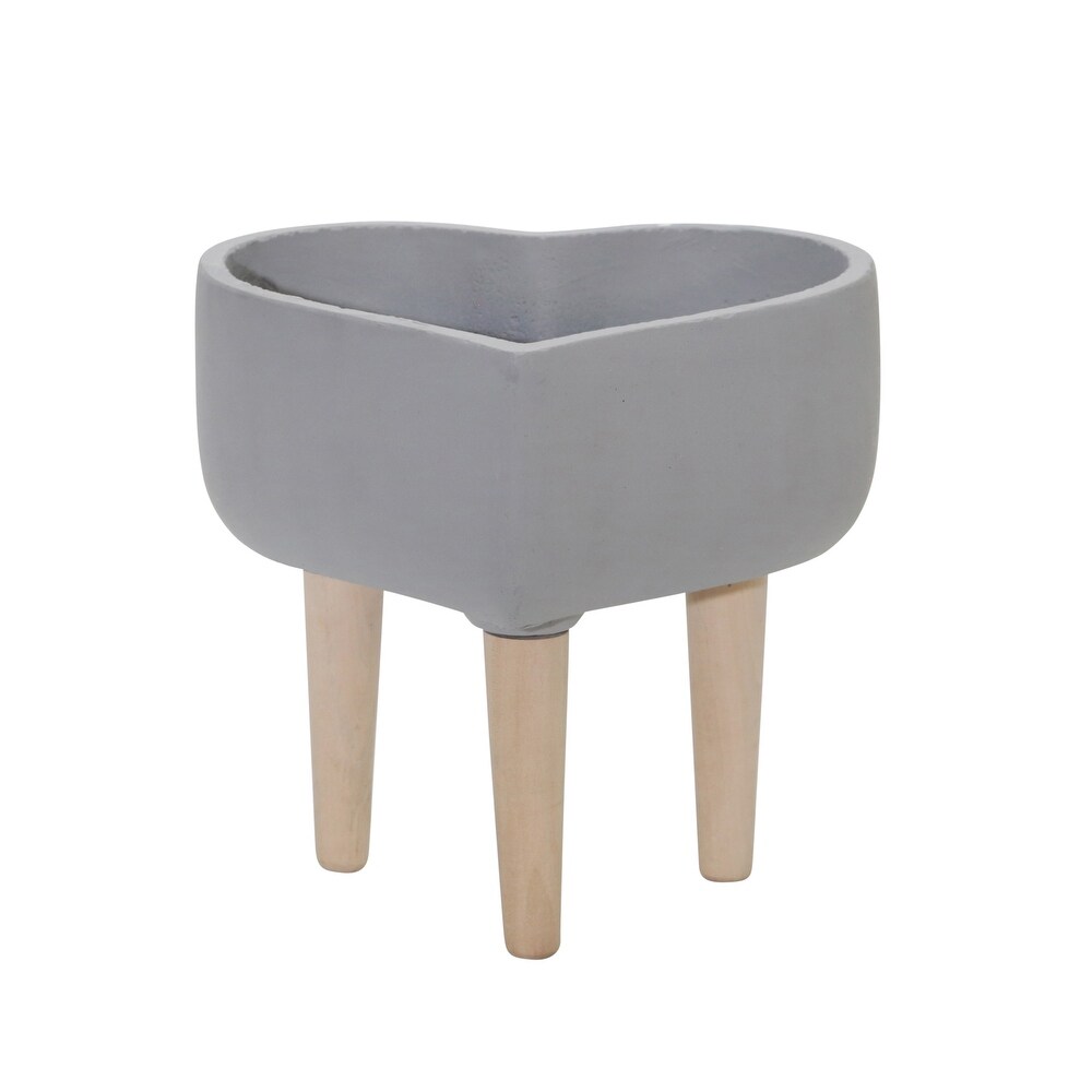 Gray Ceramic Heart Shaped Planter on Cedar Wood Legs   9.0\