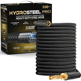 HydroSteel Pro 100 ft. Heavy-Duty Flexible Lightweight 304 Stainless Steel Metal Water Hose with Brass Nozzle 8588