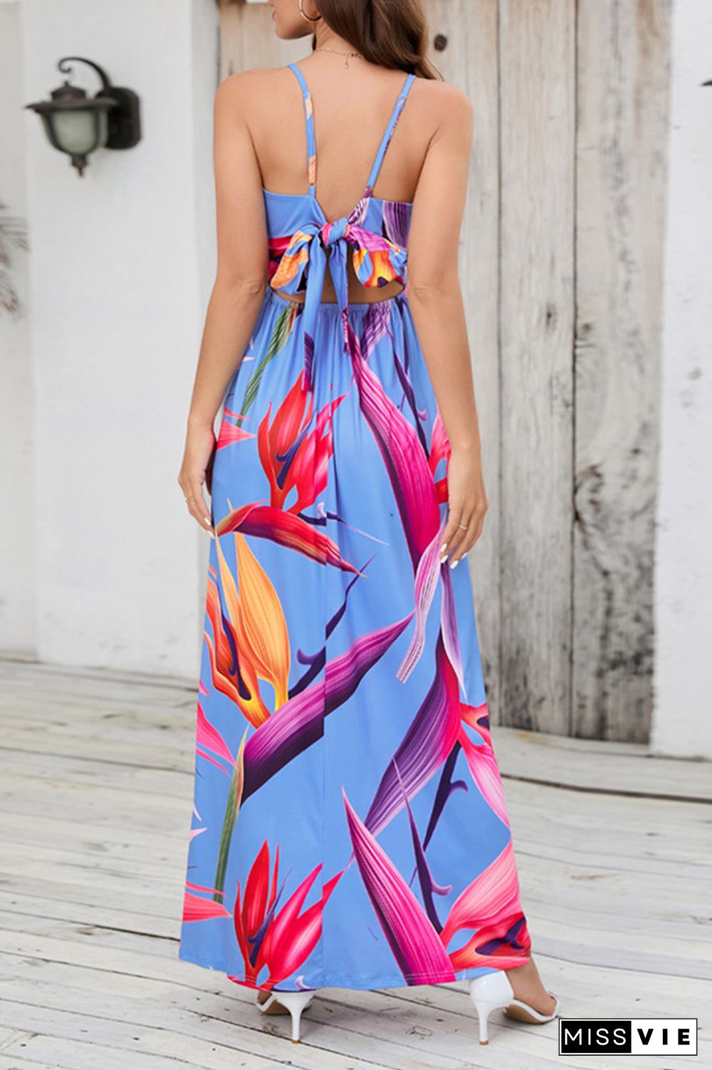 V Neck Floral Print High Waist Cami Maxi Dress