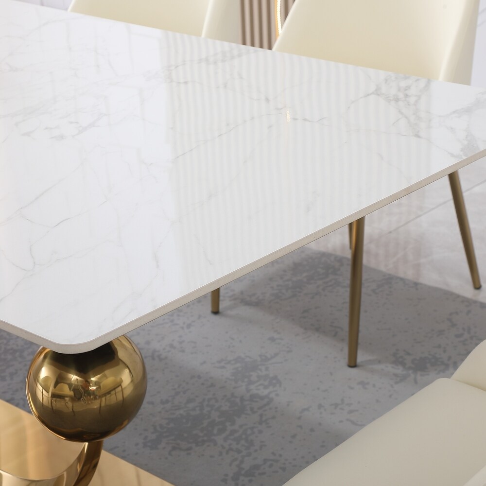 71 Inch Stone DiningTable with Carrara White color and Round special shape stainless steel Gold Pedestal Base