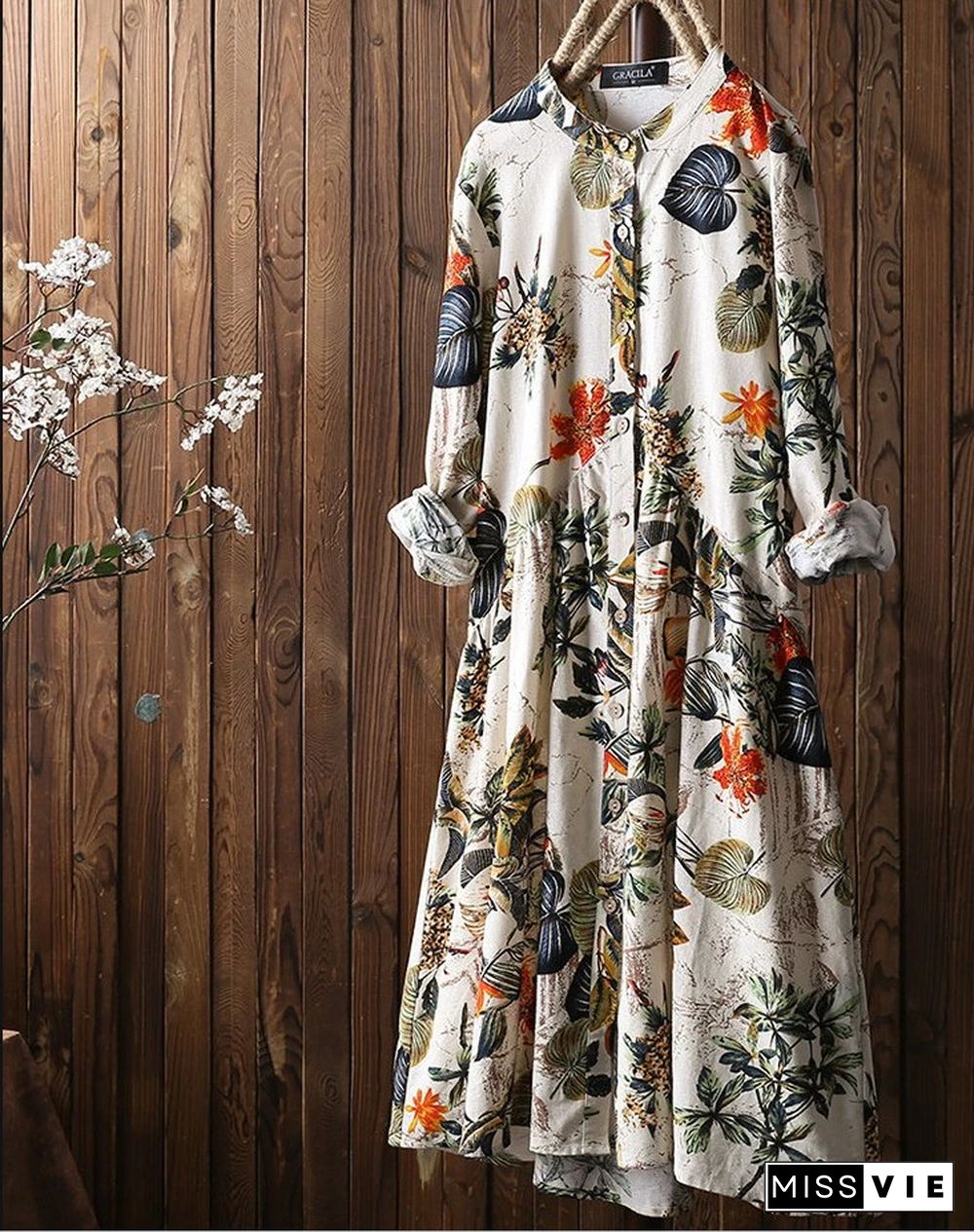 Fashion Flower Print Round Neck Long Sleeve Casual Maxi Dress