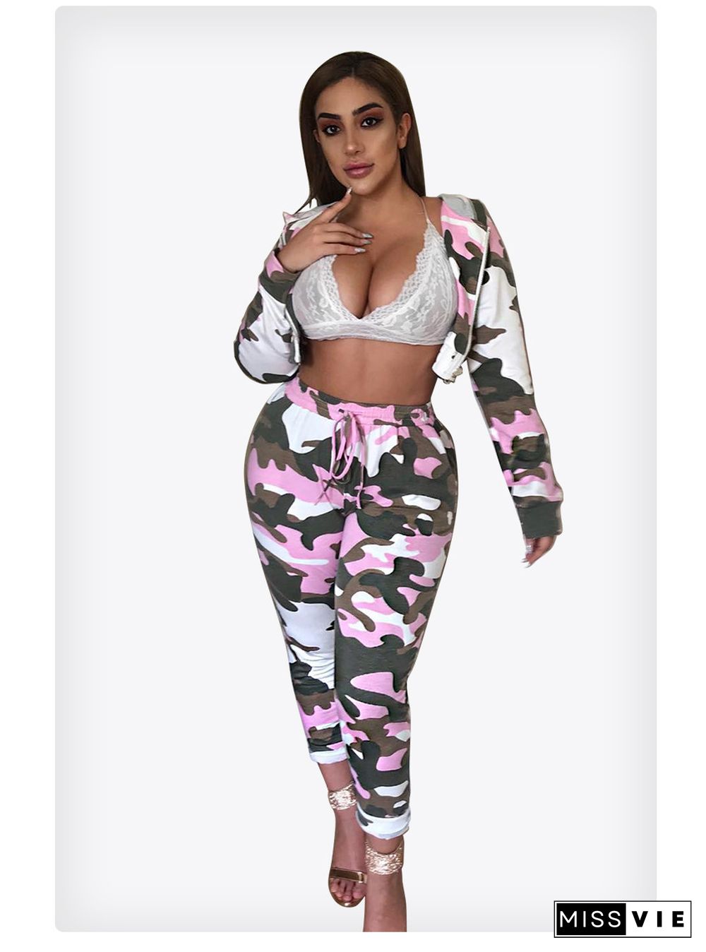 Women's Camouflage Hooded Jacket Skinny Pants Suit