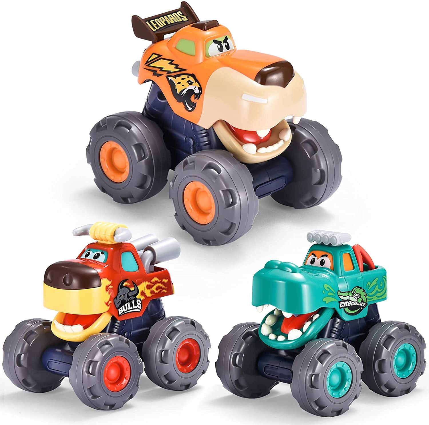 MOONTOY Toy Cars for 1 2 3 Year Old Boy， 3 Pack Monster Trucks Toys for 1 + Year Old Boy Gifts， Friction Powered Pull Back Push and Go Car for Toddler Baby Boy Toys 12-18 Months