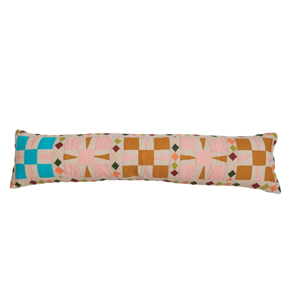 Embroidered Cotton Lumbar Pillow with Patchwork Detail