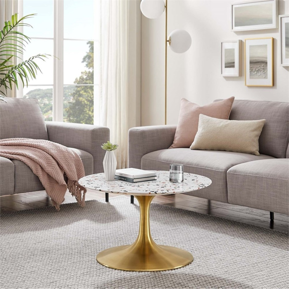 Modway Lippa 28 quotRound Modern Terrazzo  ampMetal Coffee Table in Gold/White   Midcentury   Coffee Tables   by Homesquare  Houzz