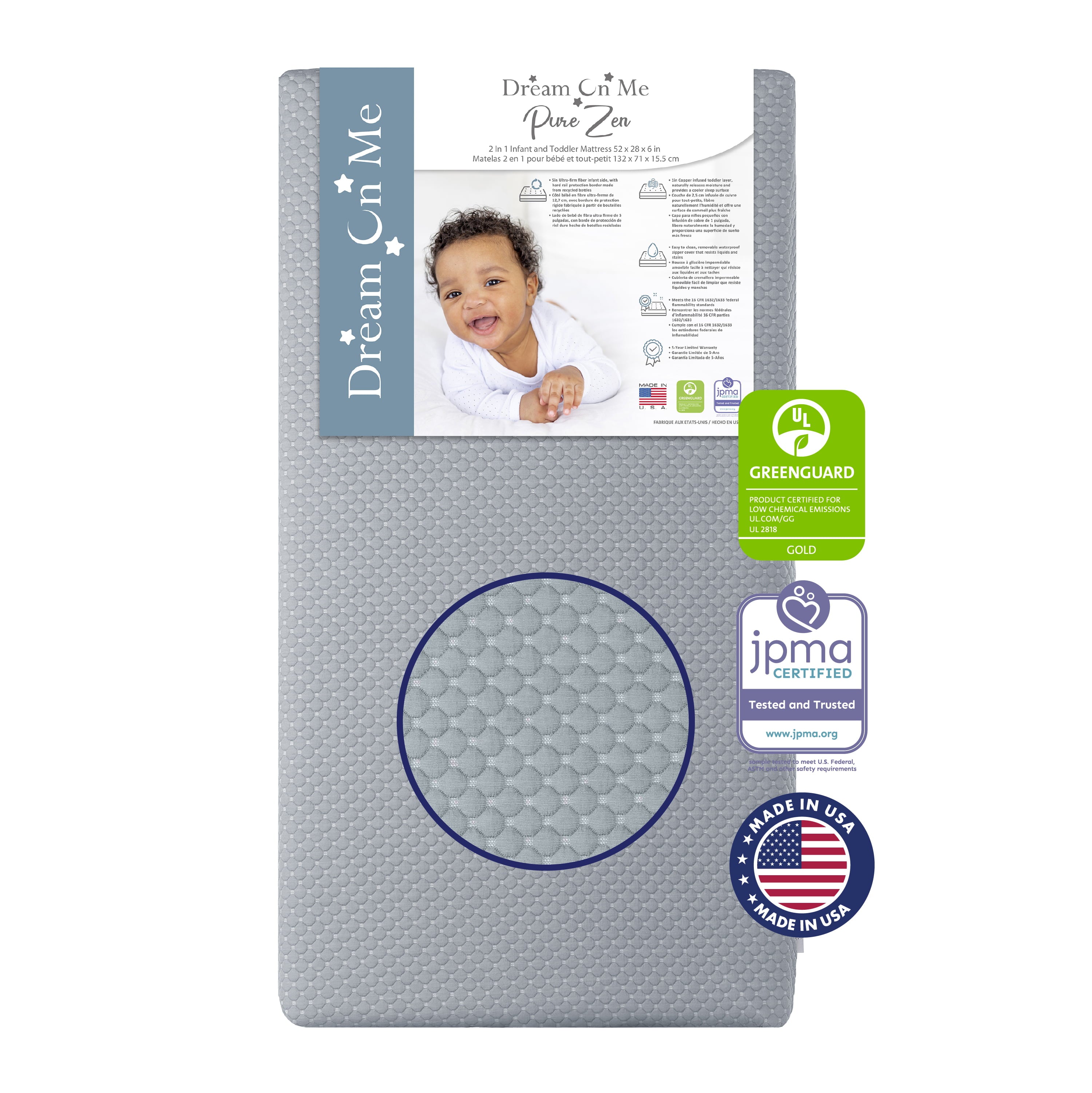 Dream on Me Pure Zen 2 in 1 Crib & Toddler Mattress, Greenguard Gold Certified