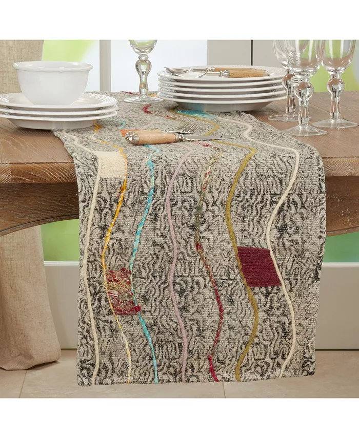 Saro Lifestyle Embroidered Table Runner with Block Print Design 72 x 16