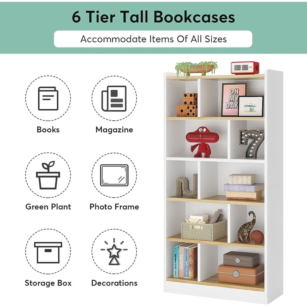 72 Inch Tall White Bookcase  6 Shelf Bookshelf  Floor Standing Cube Storage Organizer for Living Room  Bedroom