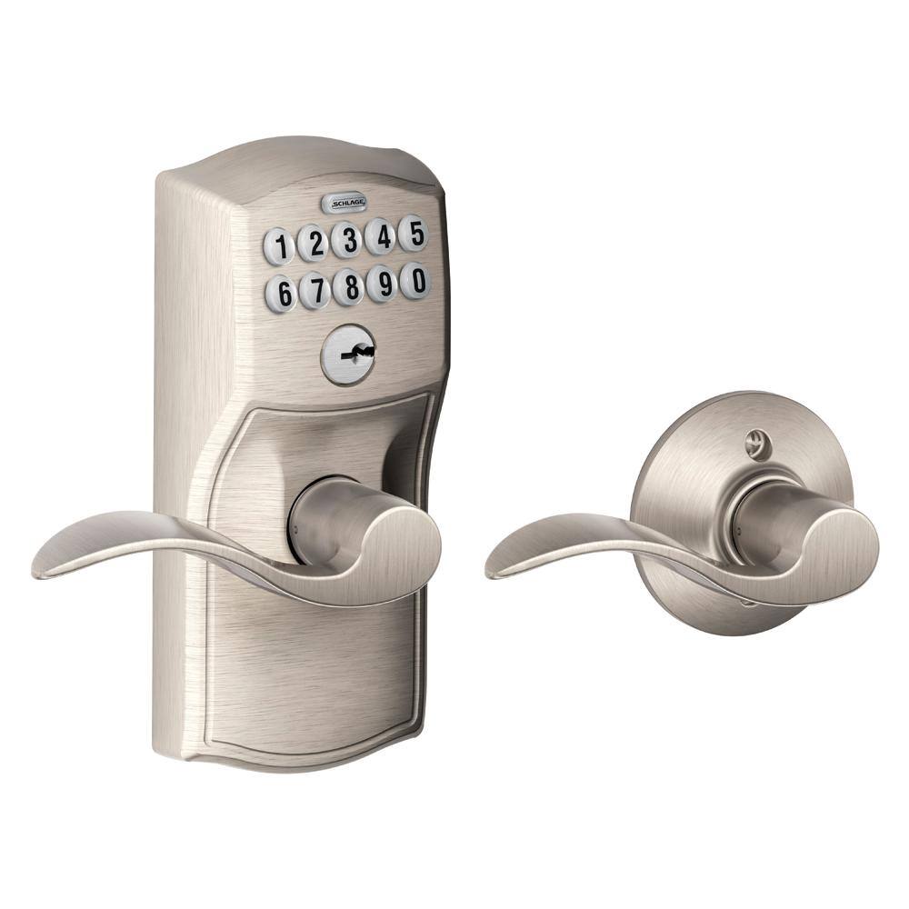 Schlage Camelot Satin Nickel Electronic Keypad Door Lock with Accent Handle and Auto Lock FE575 CAM 619 ACC