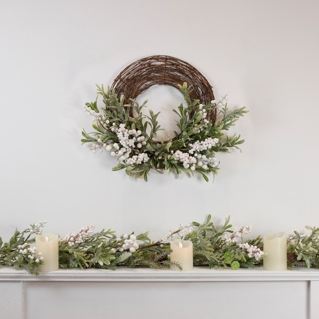 Northlight Artificial Christmas Twig Wreath With Frosted Foliage And Berries 24 inch Unlit