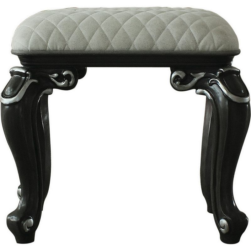 Backless Stool with Cushion Seat and Cabriole Legs， Gray and White