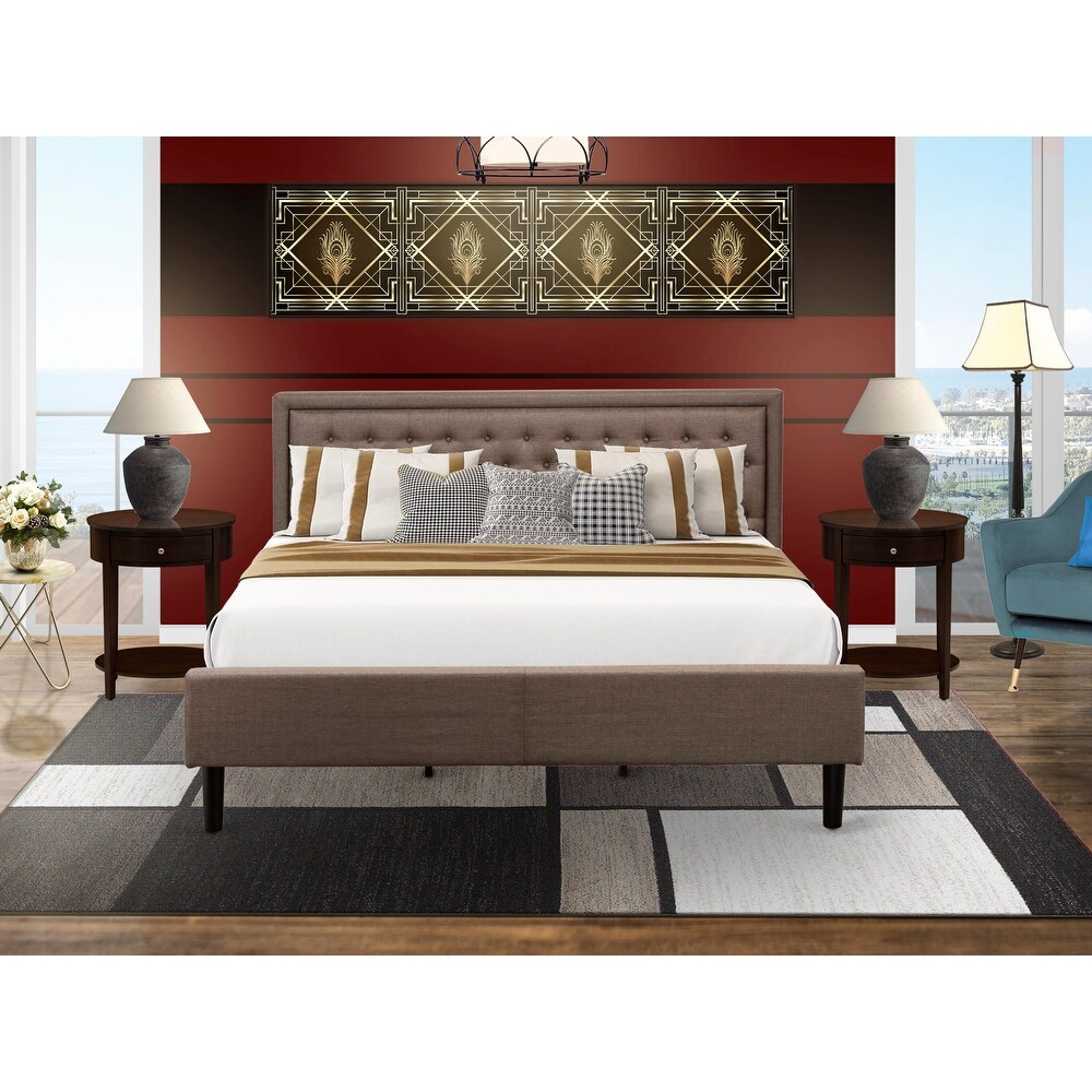 East West Furniture 3 Piece Bed Set   Bed Frame Brown Headboard with 2 Wood Nightstand   Black Finish Legs(Bed Size Options)