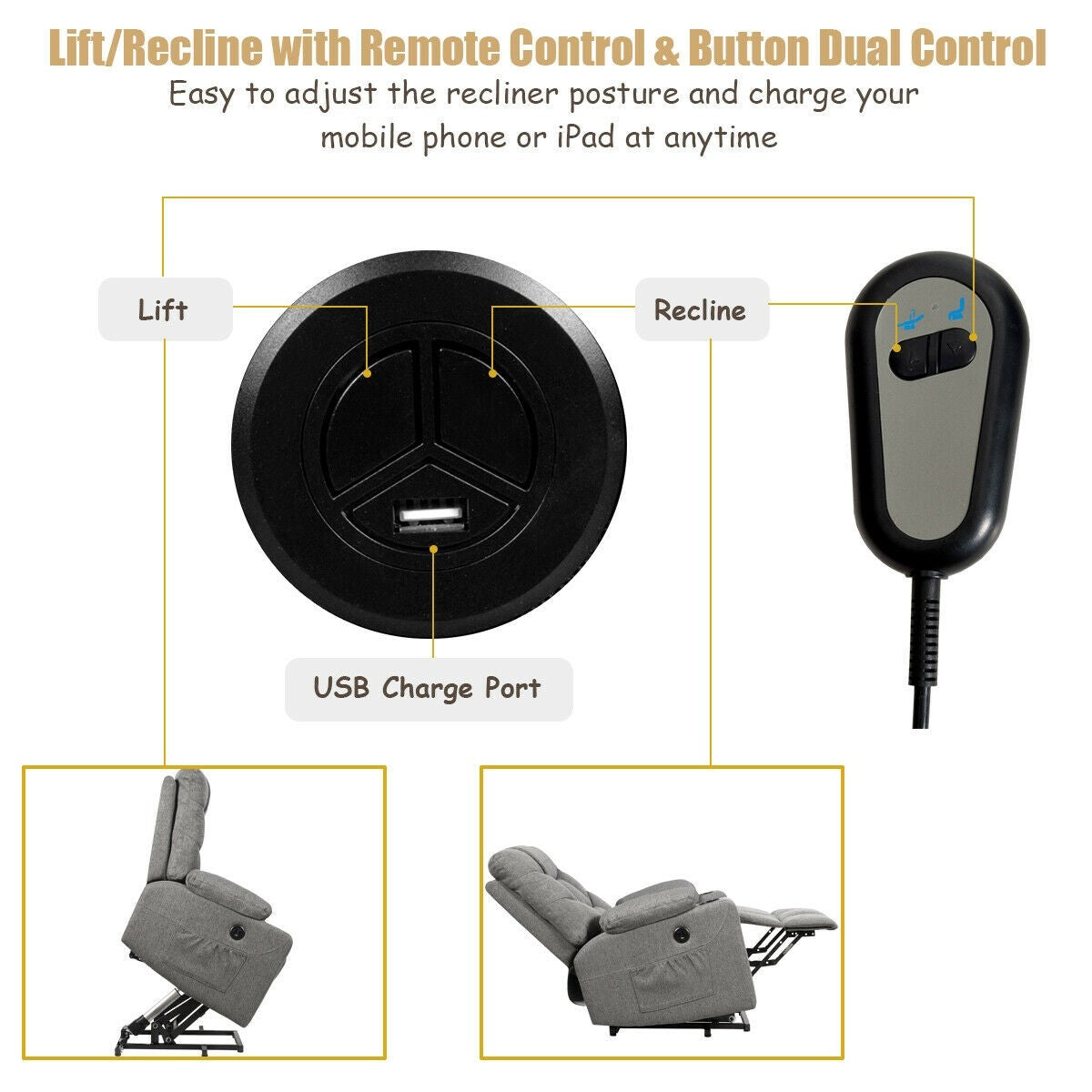 Power Lift Chair w/ 8 Point Massage & Lumbar Heat & 2 Side Pockets Cup Holders USB Charge Port