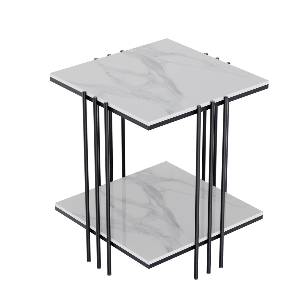 Marble Top Side Table 2 Tier Square Accent End Tables