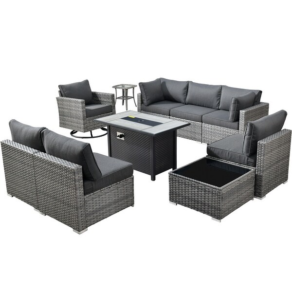 HOOOWOOO 10piece Patio Wicker Furniture Sectional Sofa Set Swivel Rocker with Fire Pit Table