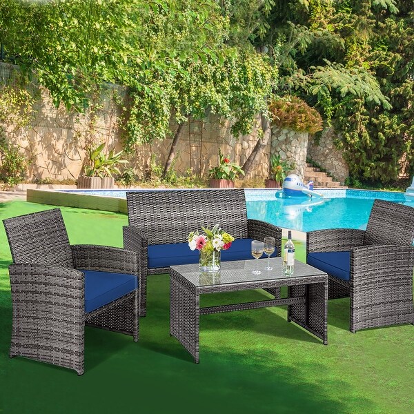 Costway 4PCS Patio Rattan Furniture Set Conversation Glass Table Top