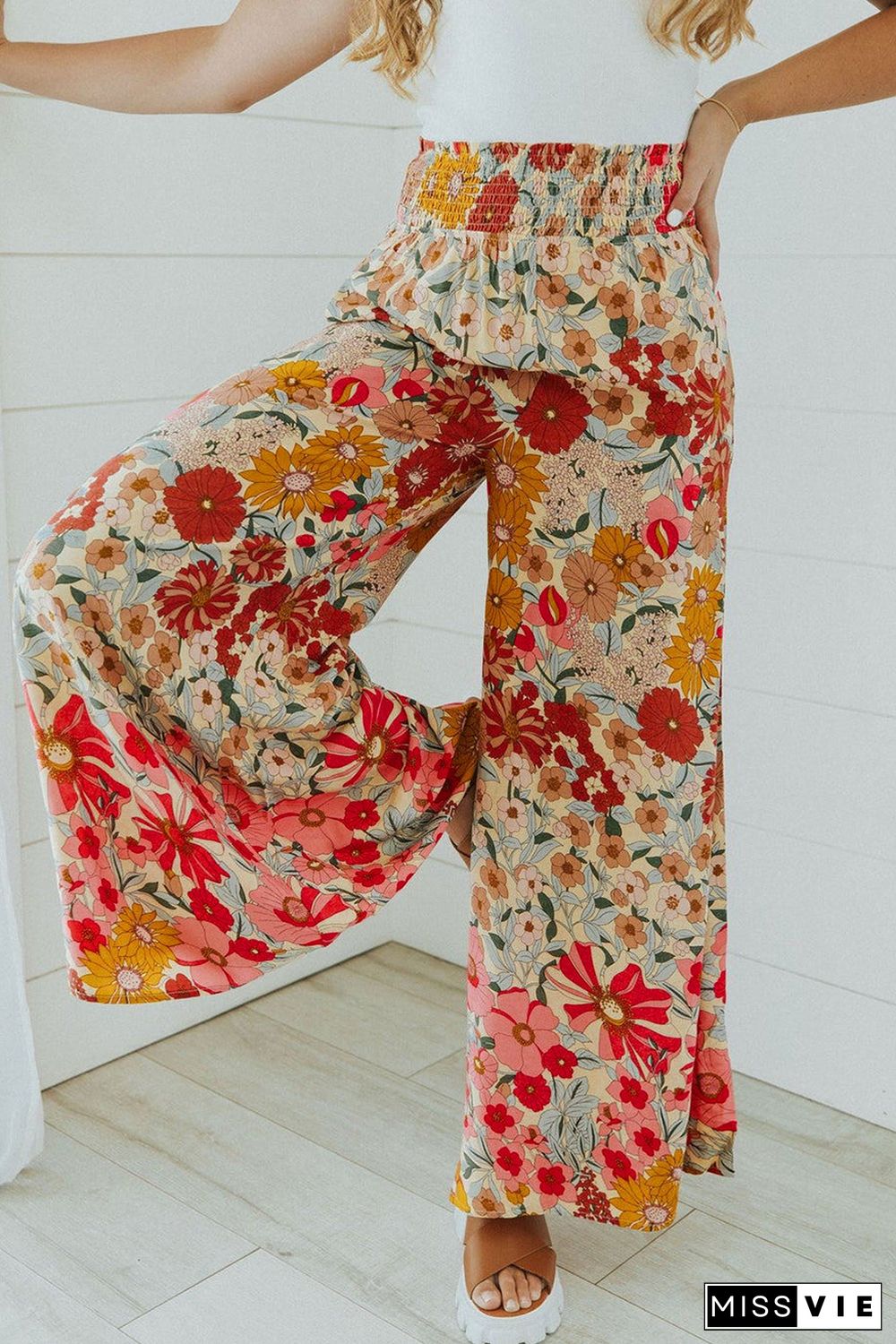 Oatmeal Boho Floral Smocked Waist Super Loose Pants