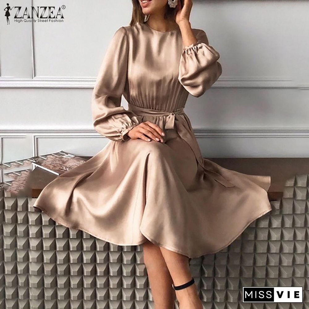 ZANZEA Women Ladies Puff Sleeve Elegant Dress Satin Oversize Holiday Crew Neck Plain Party Dress